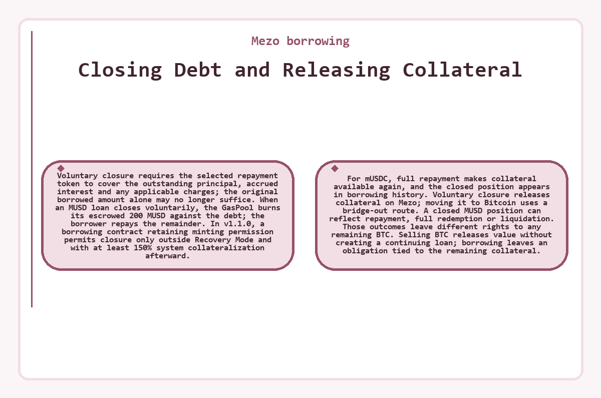 Mezo borrowing: Closing Debt and Releasing Collateral